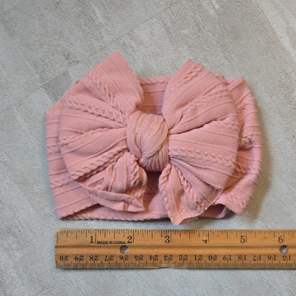 Baby Toddler Pink Cable Knit Bow Headband Stretchy Wide Kids Top Knot Hair Band